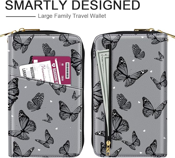 Family Passport Holder Wallet RFID Blocking Document Organizer PU Leather Mulit-purpose Travel Wallet Credit Cards Case for Women Men, Butterflies