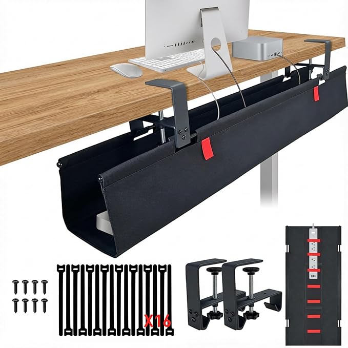 [Upgraded] Under Desk Cable Management, 28" Cord Organizer,with Silicone Pads (No Scratch!),16 Cable Ties, Washable PE Honeycomb Base,Fits Any Desk 0-2.1",No Stinky Cardboard! Black 28"L x 6.0"W