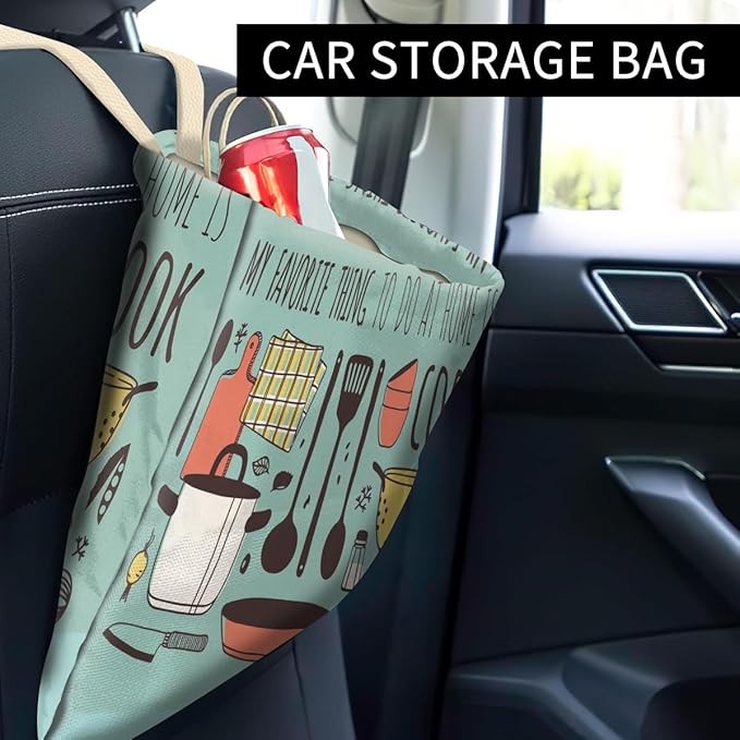 Car Trash Can, Cute Car Trash Bag, Hanging Car Organizer and Storage Bag, Trash Bin for Car Accessories, Vehicle, Travelling, Camping Retro Kitchen Appliance Pattern