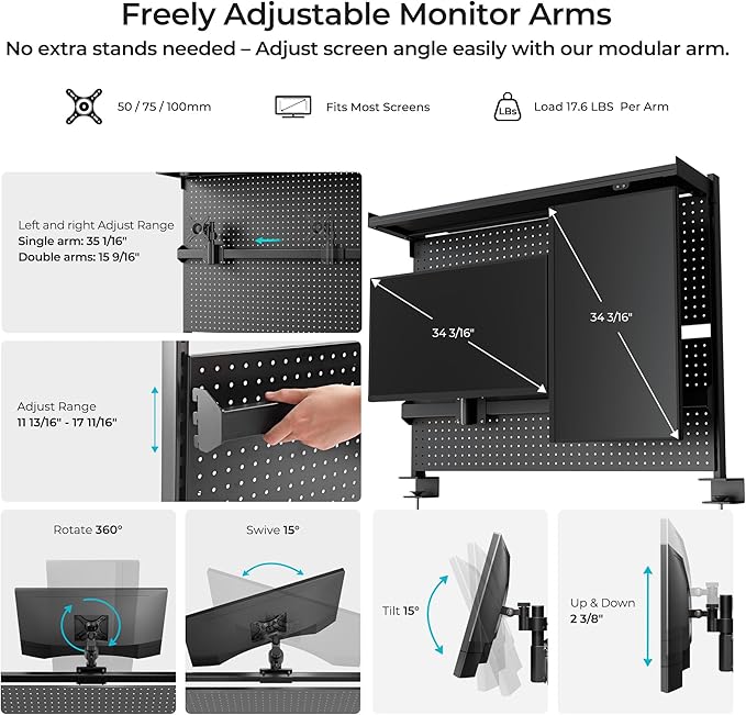 EUREKA ERGONOMIC Pegboard with Dual Monitor Stand,Steel Pegboard for Desk,Computer Accessories for Office, Privacy Panel for Gaming Desk, 4 Accessories Modular Hanging,43 x 34inch, Black