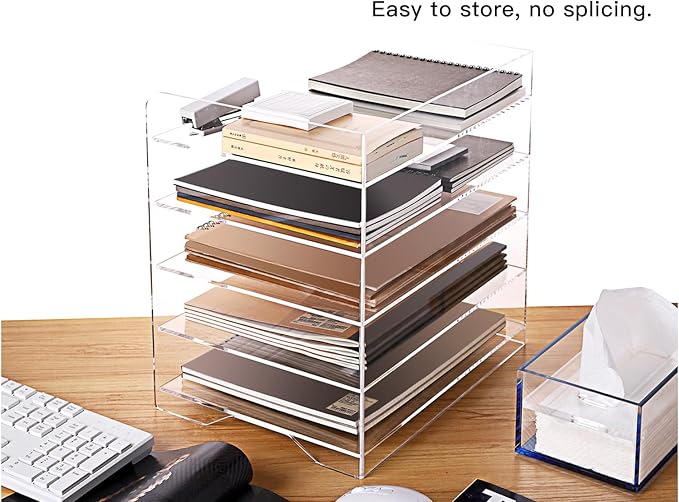 HeZone Acrylic Paper Letter Tray Organizer, 5 Tiers, Transparent, Modern, Rectangular, Stackable, Office