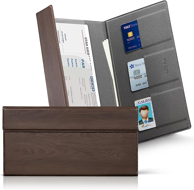 CoBak Leather Car Registration and Insurance Holder with Magnetic Compartment - Vehicle Glove Box Organizer for Driver License, Cards, Emergency Cash - Auto Truck Accessories Case, Dark Brown
