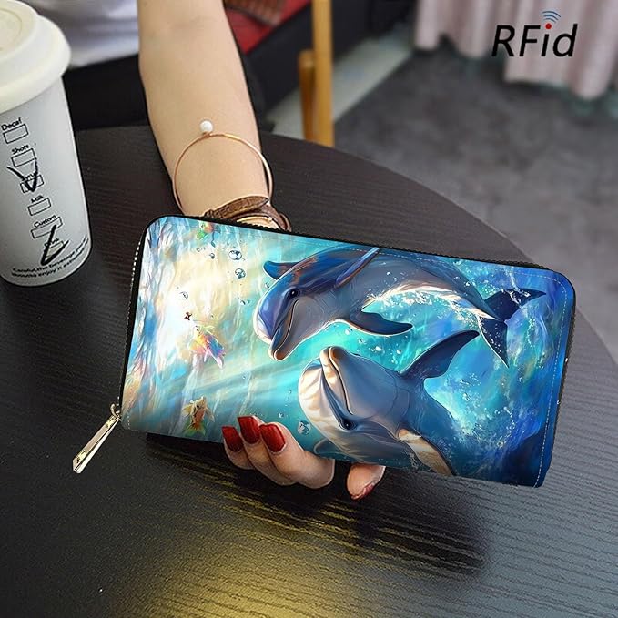 RFID Blocking Leather Wallet for Women – Large Capacity Zip Around Clutch with 8 Card Slots,27 Cash Pockets & Coin Zipper,Dolphin