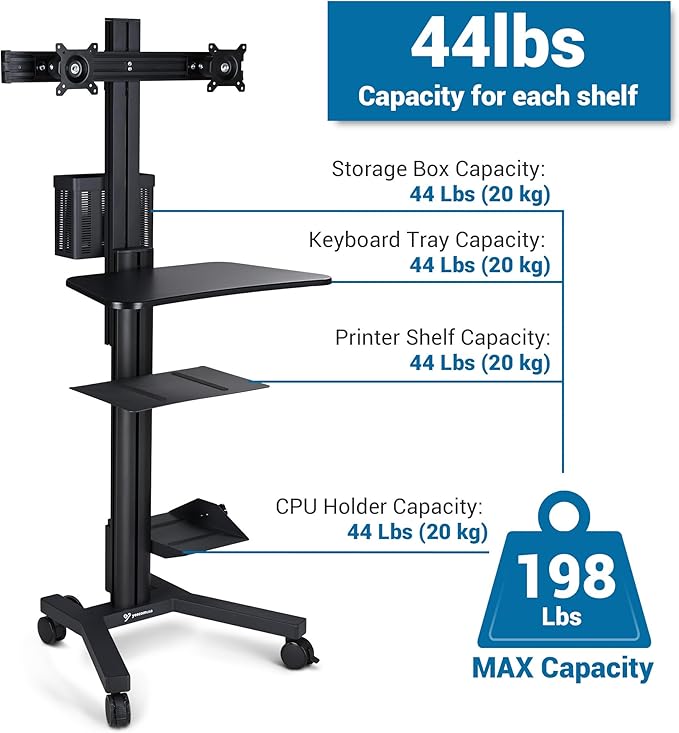 AW 32" Mobile PC Stand Workstation, Height Adjustable Dual Monitor Mount, Rolling Computer Cart on Wheels, Black