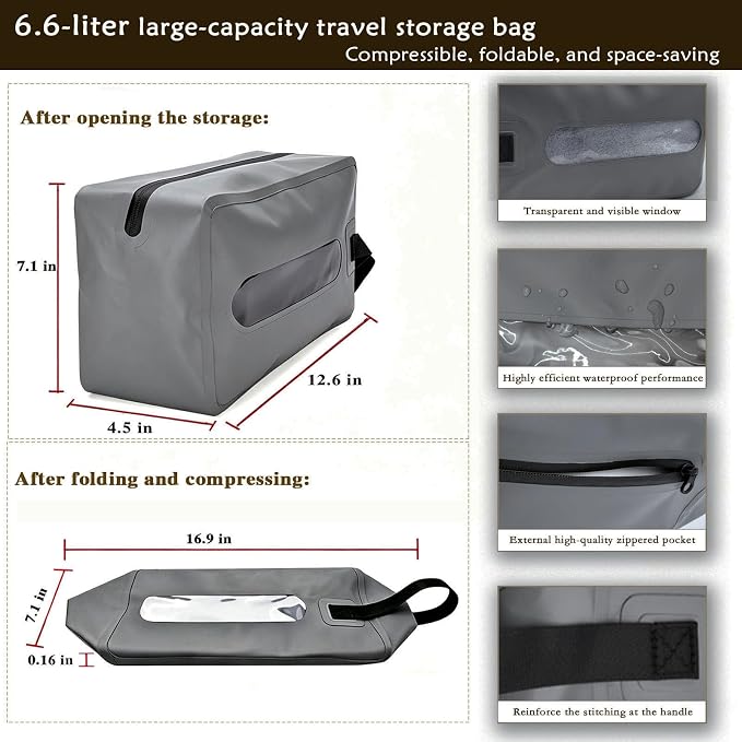 Waterproof Wet Dry Bag, Flattenable Compression Travel Toiletry Bag, Leakproof Foldable Storage Pouch for Swimsuit Towel Gym Clothes, Portable Cosmetic Organizer for Men Women Luggage(Grey)