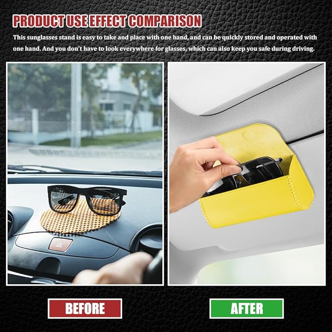 Sunglasses Holder for Car Sun Visor, Leather Auto Eyeglasses Storage Case with Hidden Magnetic Closure, Universal Protective Glasses Organizer Box, Visor Accessories for Woman Man (Yellow)