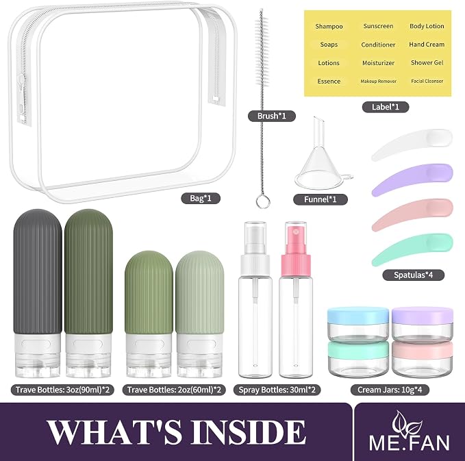 ME.FAN Travel Bottles for Toiletries,18 Pack Silicone Portable Size Bottle, TSA Approved Refillable Cosmetic Container Kits for Conditioner, Shampoo, Lotion,Face Cream - Desert Sage