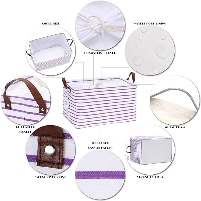 Hinwo 31L Large Storage Bins, Closet Organizers and Storage, Shelf Baskets, Foldable Clothes Storage Baskets with Handles, Containers for Clothing, Blanket, Towels, Toys, Bedding (Purple Stripe)
