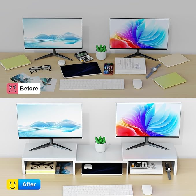 Desk Organizers and Accessories, Dual Monitor Stand Riser, Monitor Desk Shelf for Desktop Organization (White)