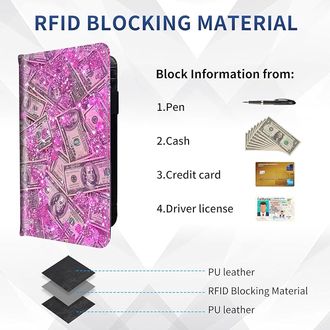 DEGDFSGR Checkbook Cover PU Leather Checkbook Covers for Women for Duplicate Checks, Check Book Covers with RFID Blocking Function for Personal Checkbook, Pink Sparkly Dollar Bills