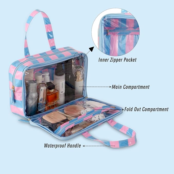 Travel Toiletry Bag for Women, Waterproof Clear Coated Portable Stripe Makeup Cosmetic Bag with Compartment, Travel Organizer for Shampoo, Conditioner, Brushes Set,Cosmetic Accessories(Pink-Blue)