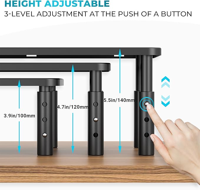 BONTEC Monitor Stand 2 Pack Height Adjustable Metal Riser with Pen Holder, Black, 14.5??x 9.1?? Ergonomic Desktop Stand for Computer, Printer, Laptop, Adjustable Desk Riser with Cable Management