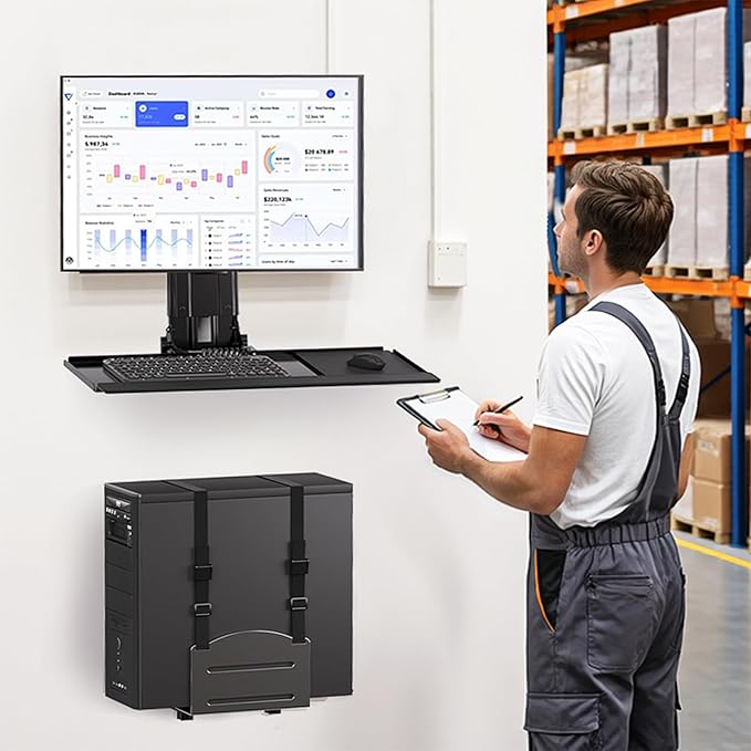 PUTORSEN Monitor and Keyboard Wall Mount with CPU Holder for 32" Monitors (55 lbs Max), Keyboard Tray (4.4 lbs Load) & CPU Holder (22 lbs Capacity) - Height Adjustable, with Mouse Pad, VESA75/100