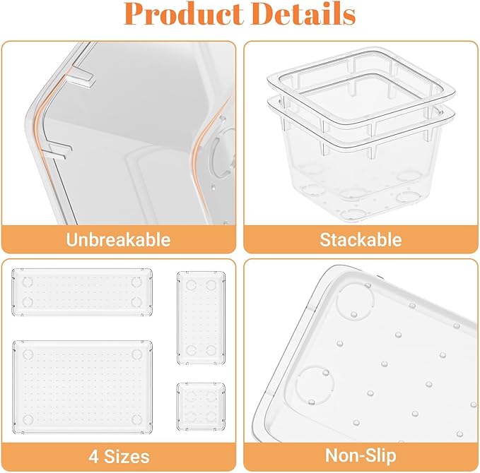 SpaceHacks 15 PCS Clear Plastic Drawer Organizer Set, 4-Size Acrylic Drawer Storage Trays, Storage Bins for Makeup, Gadgets, and Jewelry in Bathroom, Bedroom and Office, Clear