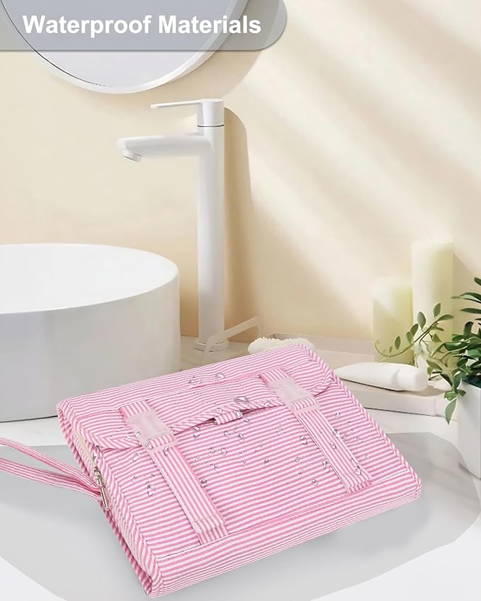 Relavel Hanging Toiletry Bag for Women, Large Makeup Travel Bag with Separate Compartment, Water Resistant Toiletries Bag for Travel Accessories, Portable Bathroom Bag for Trip Camping- Pink Strip