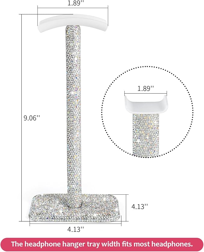 Silver Rhinestone Headphone Stand – Bling Crystal Headset Holder for Y2K Gaming Desk Setup – Sturdy Weighted Metal Base with Soft TPU Rest – Sparkly Luxury Gift for Women & Teen Girls (Silver)