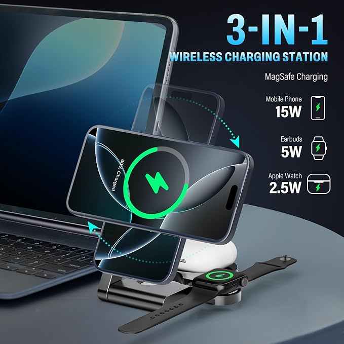 2026 3 in 1 Wireless Charging Station Mag-Safe Fast Charging Station for Apple MagSafe Charger, with USB C Charger, Foldable Charging Magnetic Wireless Charger Stand, Space Aluminum Travel Charger
