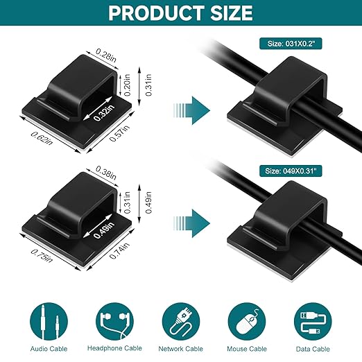 63pcs Black Cable Management,Adhesive Cable Clips,Cord Organizer ID 032" X0.2",Cord Clips for Wires on Wall,Under Desk,Nightstand,PC,TV,Outdoor Lights Strip,Plant Clips for Climbing Plants
