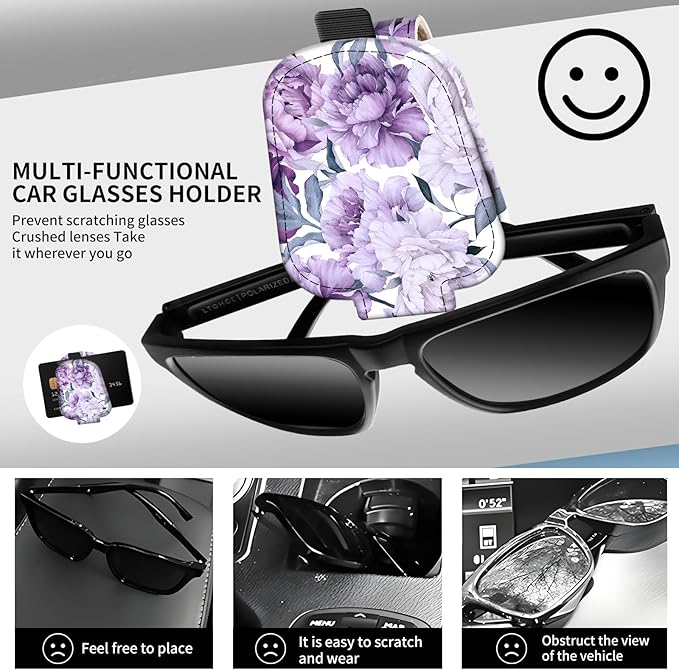 Leather Magnetic Sunglass Holder for Car Sun Visor, Cute Eyeglass Ticket Card Hanger Clip, Universal Auto Interior Accessories for SUV Pickup Truck Purple Floral