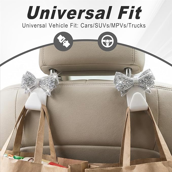 2PCS S-Type Bling Car Seat Headrest Hooks, Crystal Rhinestone Bow Seat Hooks for Purses and Bags, Rhinestone Car Accessories for SUV, Truck, Sedan (Silver)