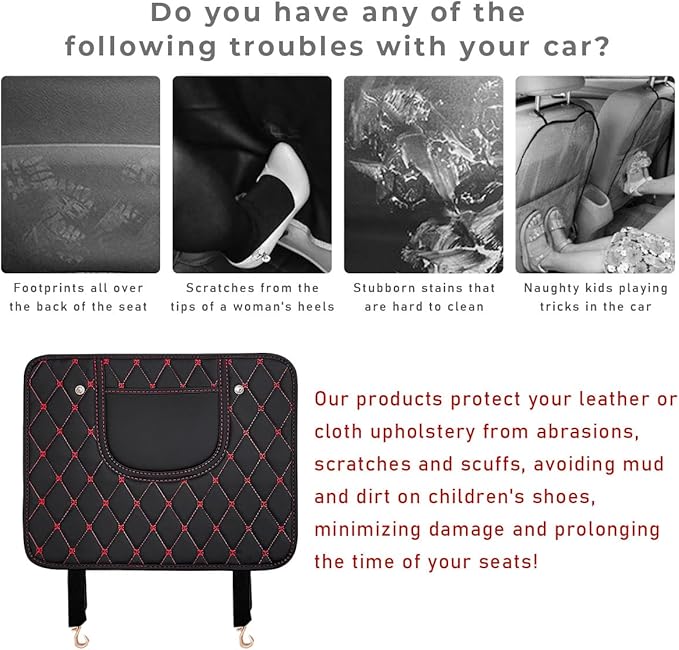 2 PCS Car Kick Mats, Leather Back Seat Protector with Storage Bag, Waterproof Automotive Backseat Cover Pad Prevent Kids Dirt Mud and Scratch, Interior Car Accessories(Black & Red)