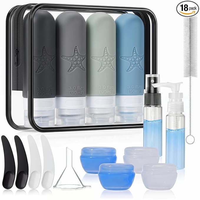 18 Pack Travel Bottles for Toiletries - TSA Approved, Triple Leak Proof Silicone Set, 3oz Refillable Travel Essentials Kit for Shampoo, Conditioner, Lotion & More, Gray, BPA Free