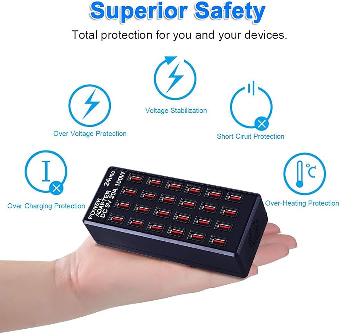 24-Port 100 watt (20 A) USB Charging Station, Home Desktop Fast Charger, Multiple Chargers, Suitable for Hotels, Shops, Schools, Shopping malls and Travel