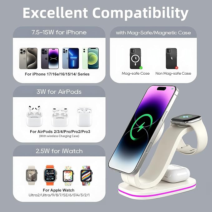 2026 New Fast 15W 3 in 1 Charging Station for iPhone Compatible Magnetic | Wireless Charger Station for iPhone 17 16 15 14 13 12, AirPods and iWatch Series, 35W Charger Included