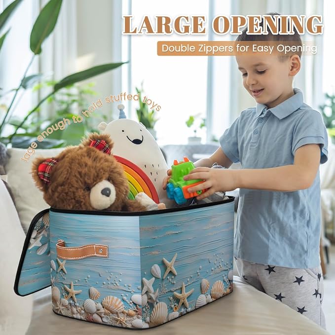 Sea Star Shell Storage Basket for Bedroom Kitchen Bathroom Storage Bins with Lids Collapsible Toy Cube Storage Organizer for Kid Teen Women Men