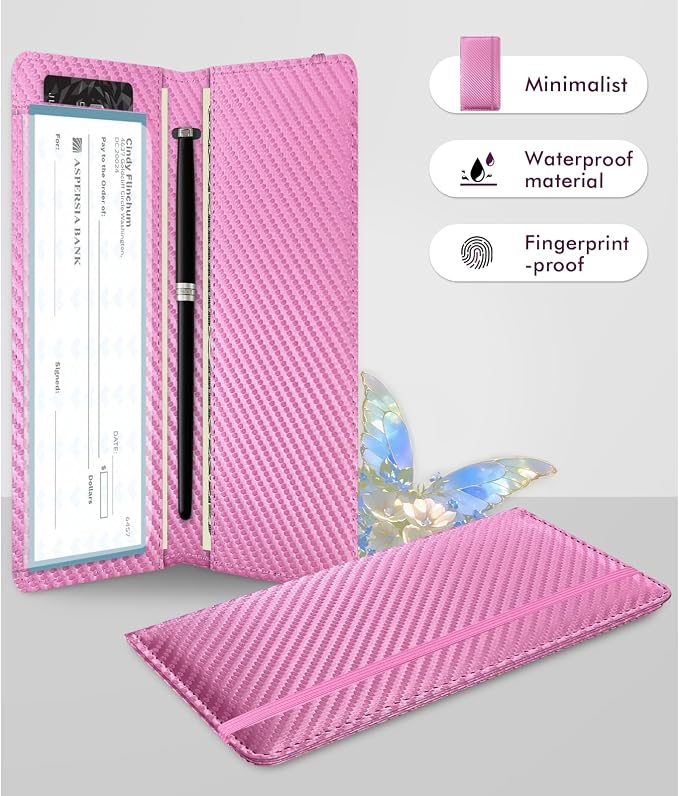 Checkbook Cover for Men Women, Premium Leather Checkbook Holder with RFID Blocking and Built in Clear Plastic Divider for Personal and Business Checks (Pink Carbon)