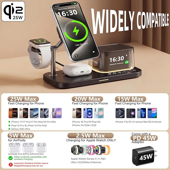 45W 5 in 1 Wireless Charging Station with Alarm Clock and Bluetooth Speaker & Night Light, Qi2.2 25W Fast Charger for MagSafe for iPhone 17/S26 Ultra, Charger Stand for iWatch & Galaxy Watch