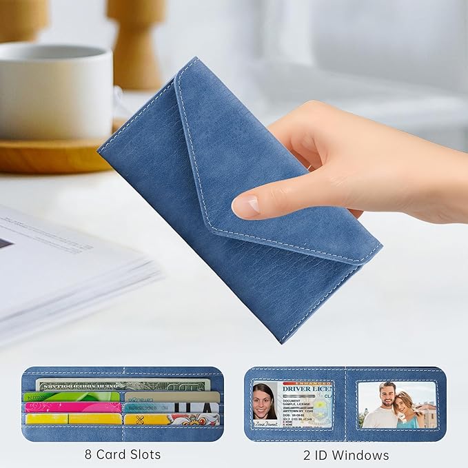 RFID Blocking Envelope Wallet, Vegan Leather Ultra Slim Trifold Multi-Card Holder with 2 ID Windows, Zippered Coin Pocket, Haze Blue