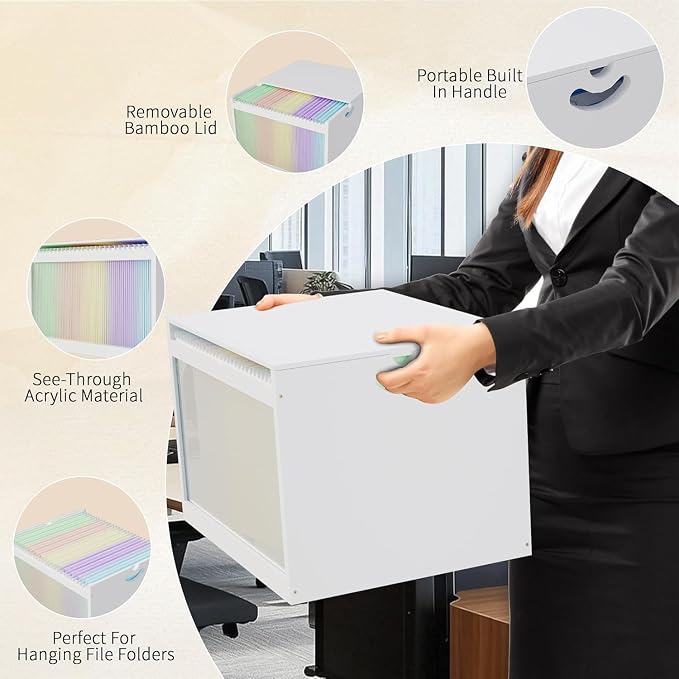 Bamboo Hanging File Boxes with Lids 2 Pack, File Organizer Box for Letter/Legal File, File Box with Hanging Folders Acrylic Light Easy Assembly File Storage Boxes for Office Home, White