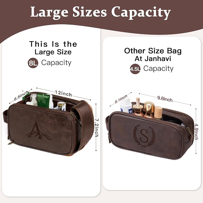 Janhavi Gifts for Father's Day, Waterproof Laser Engraved Initials & Mountain, Make Up Bag for Traveling, Men's Accessories Organizer, Groomsmen Gifts for Him, Travel Essentials (Dark Brown K)