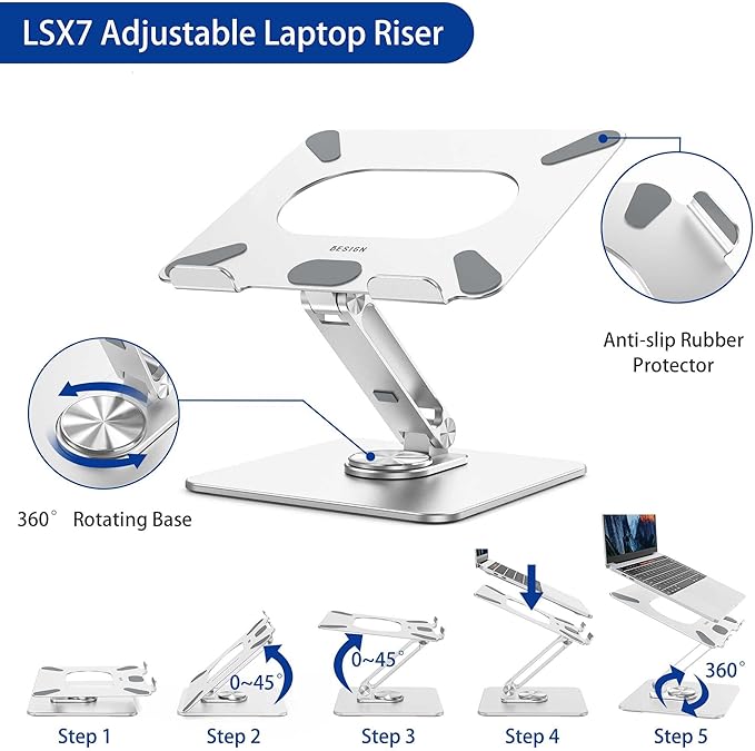 BESIGN LSX7 Laptop Stand with 360 Rotating Base, Ergonomic Adjustable Notebook Riser, Foldable Computer Holder Compatible with 10-15.6" Laptops (Silver)