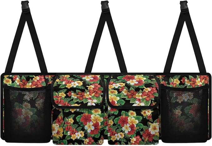 Tropical Flower Leaves Auto Back Seat Trunk Organizer Hanging Car Organizer Trunk Foldable Cargo Storage with 4 Large Pockets 3 Adjustable Straps 37x11.8inch