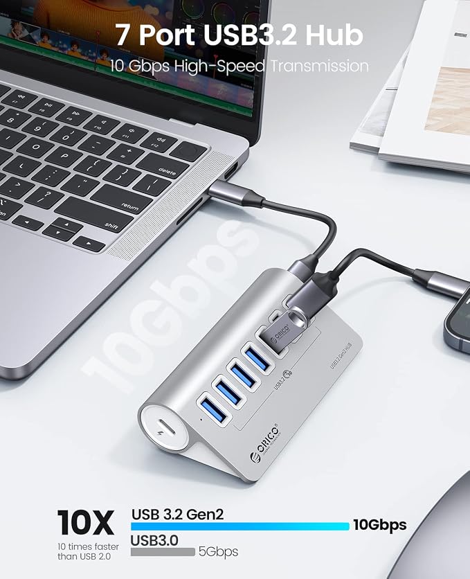 ORICO 7-Port USB 3.2 Gen2 Hub, Desktop USB 3.2 Hub with 7 USB-A Ports, 5V 3A Power Supply Port, 10Gbps Aluminium USB-Splitter with 1.64Ft USB-C to USB-A/C Cable for iMac, MacBooks, Mac mini