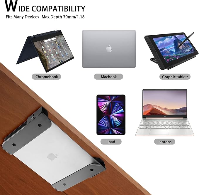 Wall Mount and Under Desk Mount Laptop Holder, Universal Laptop Storage Bracket for Devices Up to 1.18" Thick Macbooks, Surface, Keyboards, Tablets & More (Metal Black)
