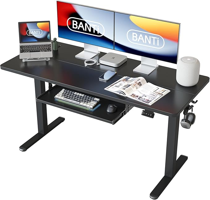 BANTI 55" x 24" Height Adjustable Electric Standing Desk with Keyboard Tray, Sit Stand up Desk with Splice Board, Black Frame/Black Top