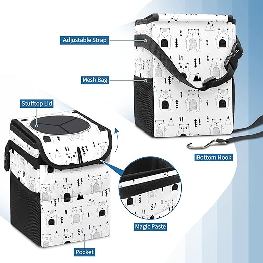 Car Trash Can Cute Bear Panda Cat Wate-rproof Auto Garbage Bag Car Trash Can with Lid Leak-Proof Car Storage Bag Hanging for Headrest Collapsible and Portable with Storage Mesh Pocket