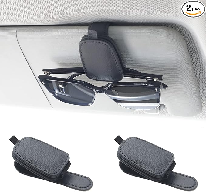Yuoyar Sunglass Holder for Car, Magnetic Leather Sunglasses Holder and Ticket Card Clip, Car Visor Accessories, 2 Packs (Black)