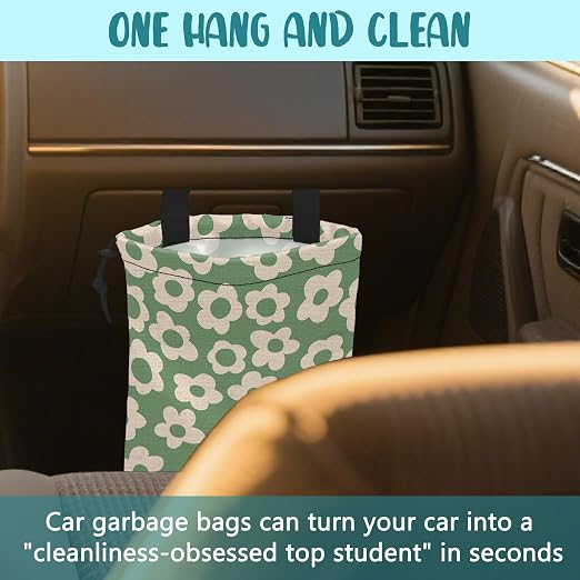 Car Garbage Bag Vintage Green Groovy Flowers Drawstring Car Trash Bag Hanging for Back Seat with Adjustable Buckle Canvas Vehicle Trash Can Easy-to-Install