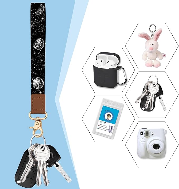 Blusabaca Credit Card Holder for Women, Moon Small RFID Blocking Wallet with Wristlet Strap, Keychain Zipper Women Wallet, Leather Card Case, Card Wallet Purse with Key Lanyard