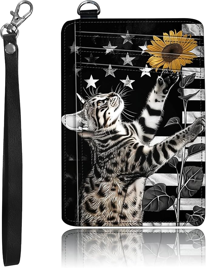 Slim Minimalist Front Pocket Wallet,Credit Card Holder Wallet for Women Men,RFID Blocking Credit Card Holder Case Leather Cute Small Thin Wallet ID Window&Wrist Strap,Flag Cat Sunflower