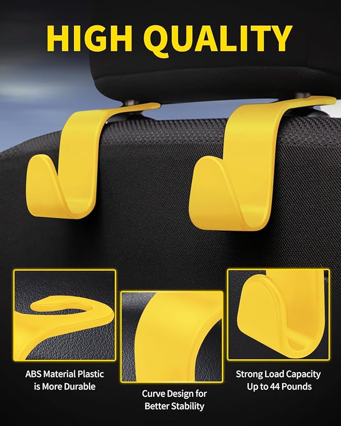 8 Pack Car Seat Headrest Hooks with 44 Pounds Load Capacity, Hangers Storage Organizer Universal Car Interior Accessories for Handbags Water Bottles Purse Coats Umbrellas, Yellow
