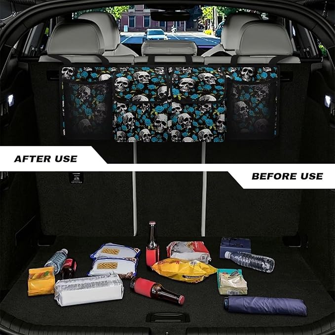 Skull Flower Car Trunk Organizer, 4 Compartment, Waterproof, Hanging, SUV, Sedan, Van, Truck, Bold and Floral