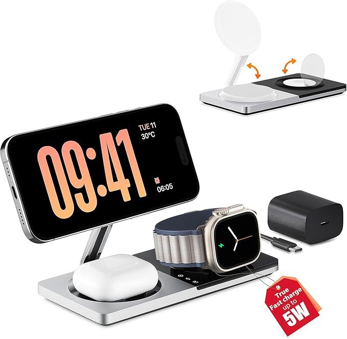 3 in 1 Charging Station for Apple Devices: Mag-Safe Charger Stand Fast Charging, Wireless Charger for iPhone 17 Air 16 15 14 13 12 Series, Apple Watch Series 1-9/Ultra, AirPods Pro (Silver)