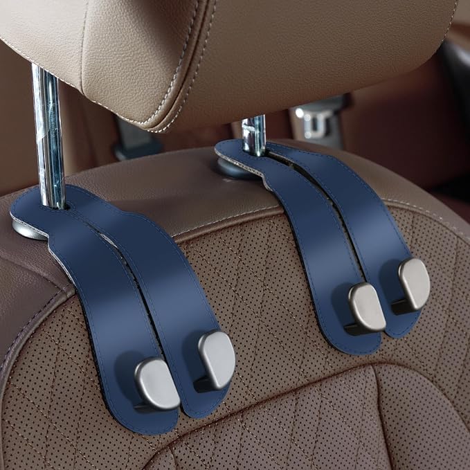 CoBak Purse Hook for Car - Universal Premium Stitched Leather and Aluminum-Magnesium Alloy Double Car Seat Back Storage Hook for Purses, Handbags, Bags (2 Pack),Indigo Blue