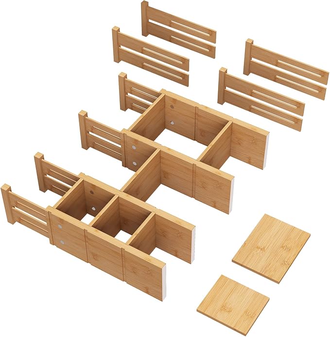 4.4" High Drawer Dividers with Inserts, Bamboo Drawer Dividers for Clothes, Expandable from 12-17.5", Adjustable drawer organizer for Bedroom, Kitchen & Office, 4 Dividers with 8 Insert.
