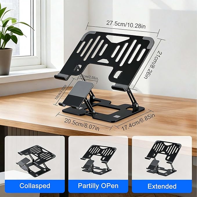 Ergonomic Adjustable 2-in-1 Laptop Stand with Phone Holder, Laptop Riser for Desk, Computer Stand for Laptop, Sturdy and Portable Stand, Compatible with Most Laptops and Phones (Black)